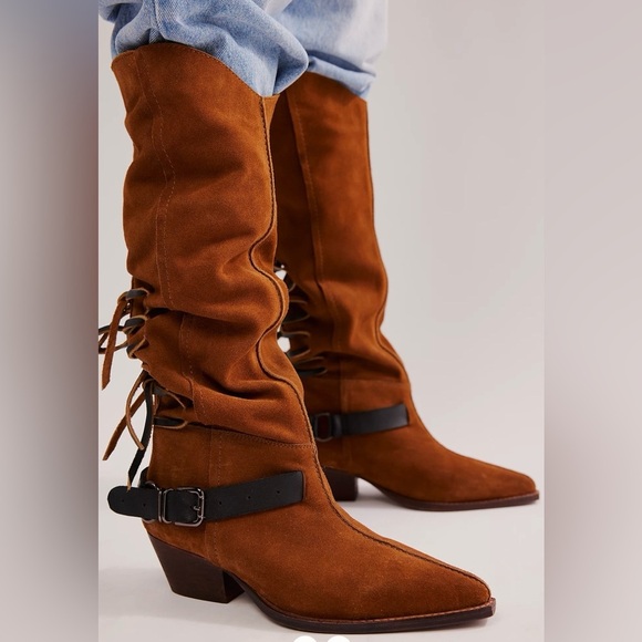 Free People Brown Over the Knee Boots with Black Buckle Straps (New without tags - Picture 1 of 8